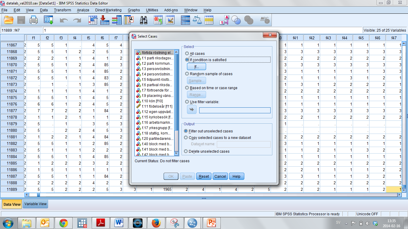 Selektera en delmängd observationer (1/9) Välj: Data>Select Cases Selektera en delmängd