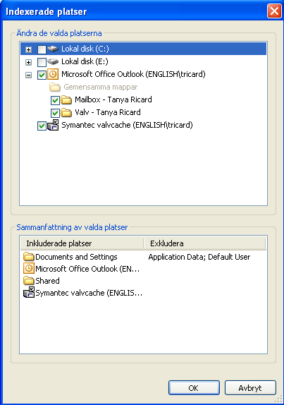 20 Inställningar för Enterprise Vault Konfigurera Windows Search Virtuella Vault Vault Cache 3 Kontrollera att posten för ditt virtuella valv är markerad i listan Ändra de valda platserna.