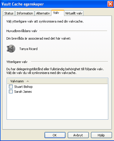 36 Hantera Enterprise Vault-arkivering Se och ändra dina Vault Cache-egenskaper 3 Klicka på fliken Valv i dialogrutan Vault Cache-egenskaper.