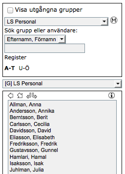 Sida 38/243 Sökytan När organisationen har vuxit och man har skapat många användargrupper och aktivitetsgrupper blir det viktigt att kunna söka fram en grupp i systemet.