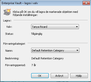 28 Lagra och återställa objekt Lagra objekt manuellt Lagra objekt med Enterprise Vault-alternativ 1 Välj ett eller flera objekt som du vill lagra i brevlådan.