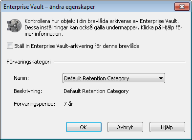 40 Hantera Enterprise Vault-arkivering Konfigurera Enterprise Vault-egenskaper för en brevlåda eller mapp 3 Klicka på Ändra. Dialogrutan Enterprise Vault ändra egenskaper öppnas.