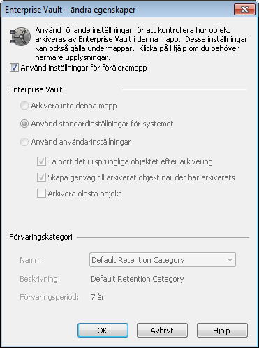 42 Hantera Enterprise Vault-arkivering Pausa eller aktivera arkivering av objekt i din brevlåda 3 Klicka på Ändra. Dialogrutan Enterprise Vault ändra egenskaper öppnas.