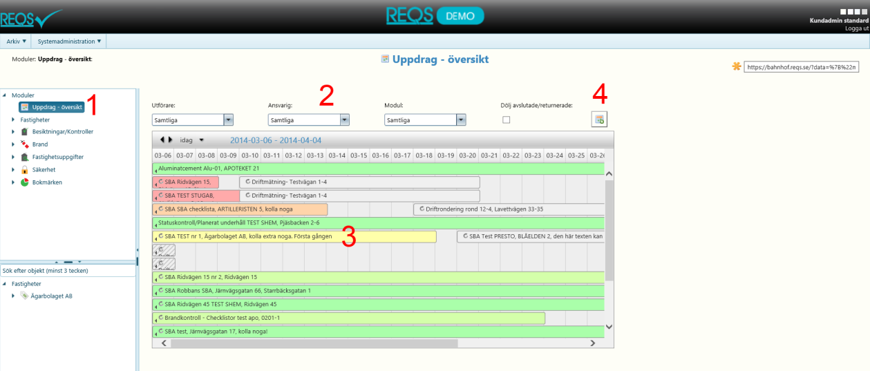 7 Uppdragsöversikt I uppdragsöversikten (1) ser du de uppdrag som finns tilldelade i systemet. Det går att sortera på utförare, ansvarig eller modul (2).