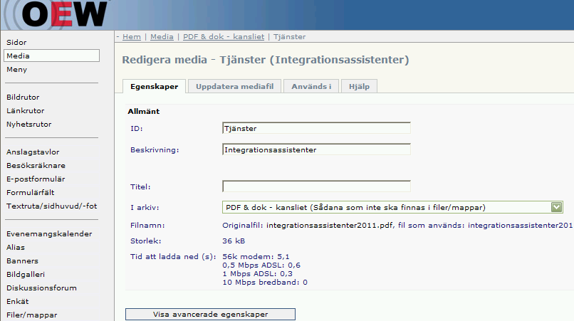 - Fyll ID (syns bara i OEW) - Använd Beskrivning om du vill förtydliga vad filen innehåller - Tryck på knappen Bläddra och sök igen den pdf-fil som du