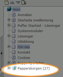 Papperskorgen När en sida tagits bort med hjälp av knappen Ta bort sidan hamnar den i papperskorgen längst ner i navigeringsträdet. Återställa sida från papperskorgen 1.