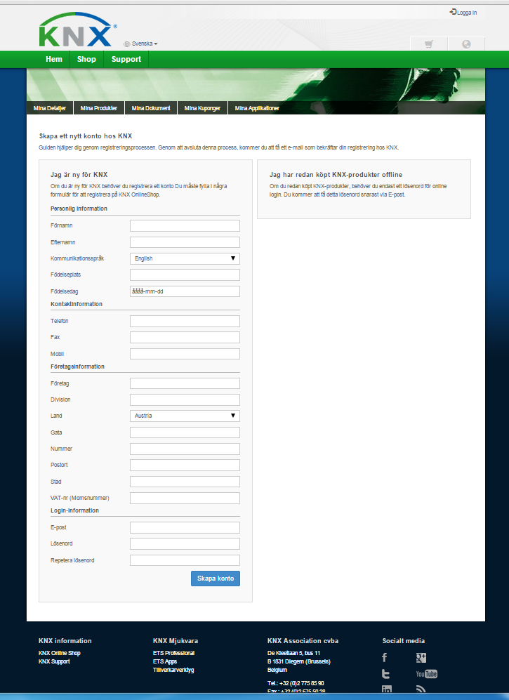 Steg 1: Skapa ett KNX Online Shop-konto (2) Fyll i personlig information och klicka Skapa konto.