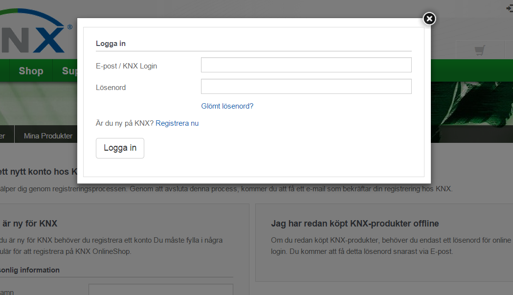 Steg 2: Logga in på KNX Online Shop Logga in genom att använda