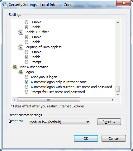 Verifiera att Automatic logon only in Intranet