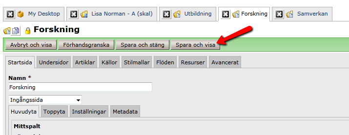 Innehållsträdet I Navigeringsytan finns Innehållsträdet som är en trädvy av alla sajter och sidor. Beroende på din behörighet kan du se olika mycket innehåll i trädet.