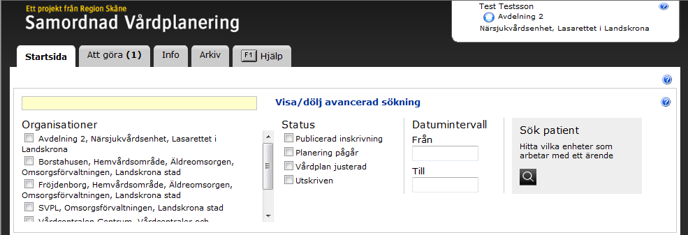 Avancerad sökning/filter. Om användaren öppnar denna länk kan de göra ytterligare filtrering av ärendelistan. Man kan kombinera de olika sökbegreppen med varandra.