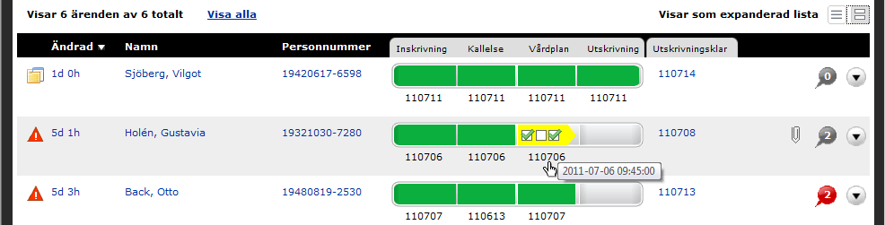 Genom att expandera listan på startsidan (röd markering till höger på bilden) kan användaren se de olika datumen för respektive meddelande.