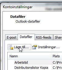 1. Klicka på fliken Arkiv i det övre vänstra hörnet i Outlook 2013. Klicka på knappen Kontoinställningar och klicka Kontoinställningar 2. Klicka på fliken Datafiler och sedan knappen Lägg till.. 3.