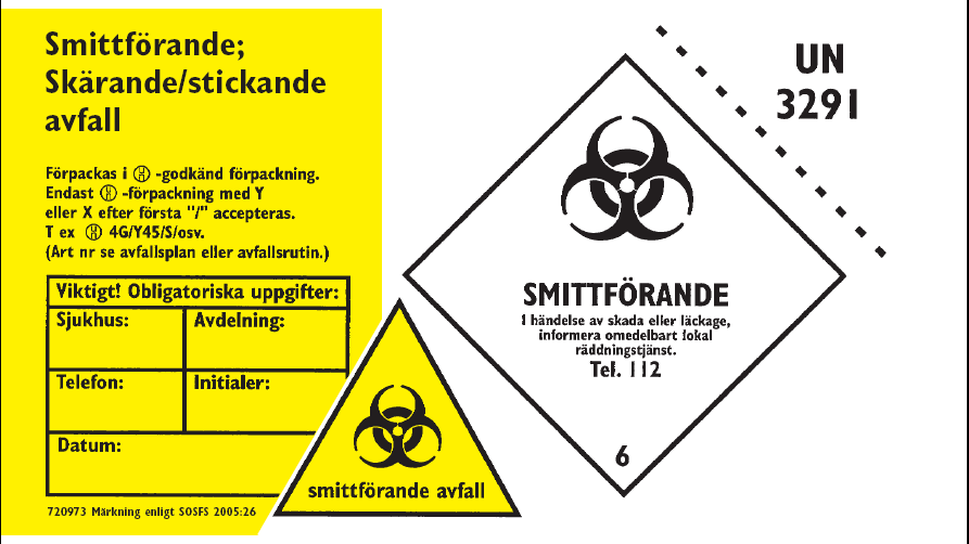 Märkning av smittförande avfall Skärande och stickande avfall Vad ska läggas här? Kanyler, lancetter, suturnålar, trasigt blodkontaminerat glas, vaccinrester i injektionsflaskor och glasampuller.