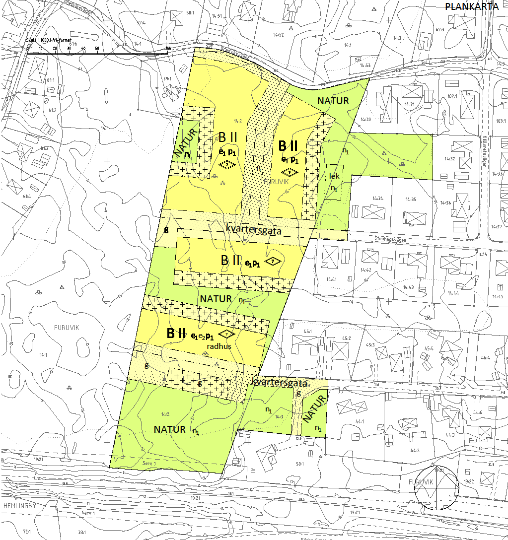 Bild 2, Plankarta De planerade fastigheterna skall styckas av inom det aktuella området. Området består av cirka 3, 5 ha och totalt skall 18 bostäder byggas.