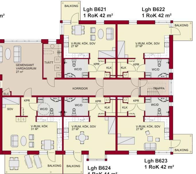 Hus 6 B Precis som hus sju är denna del nybybggd och innehåller trygghetsboende på plan två. Entreplanet i denna byggnad utgörs av parkeringshus.