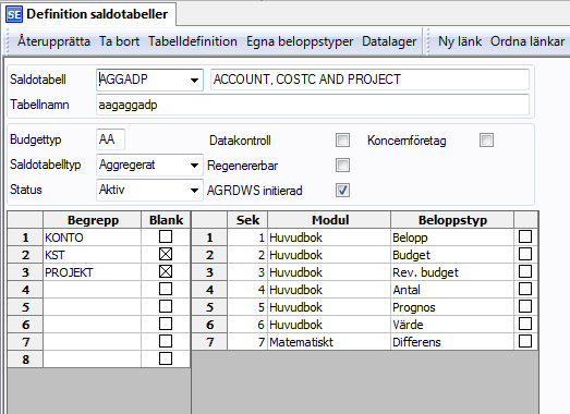 Efter det att formeln är upplagd talar man om i saldotabellsdefinitionen att transaktionstypen Matematisk tillsammans med den egendefinierade beloppstypen