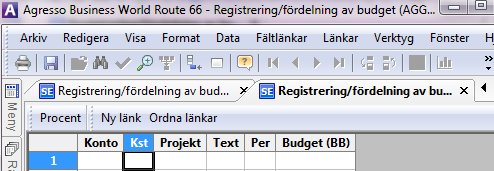 Bud Här anges vilken beloppstyp man vill registrera budgeten mot (t.ex. Budget, Prognos, Budget mängd). Vilka beloppstyper man kan välja på styrs av definitionen av saldotabellen.