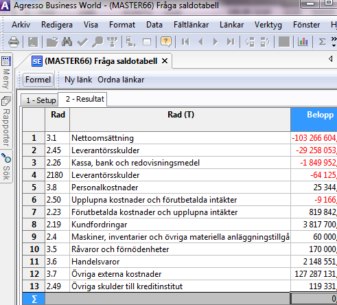 Den upplagda relationen kan användas i ex. en saldotabell.