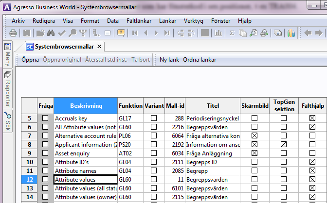5.5 Systembrowsermallar Systembrowsermallar (SBRT s) är standard, fördefinierade Browsermallar som levereras med Agresso.