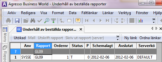 6.2 Underhåll av beställda rapporter I den här skärmbilden administrerar du beställda/körda rapporter och serverprocesser. Du kan öppna skärmbilden direkt genom att trycka på knappen på Verktygsraden.
