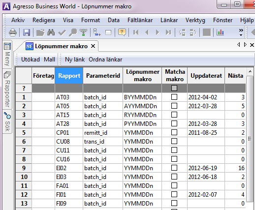 När du har definierat ett rapportschema kan du via Simulera i Verktygsmenyn se framtida körningar (max 999) för det föreslagna schemat.