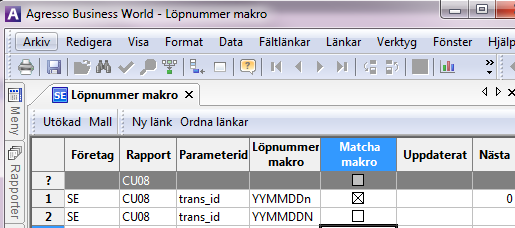 Om rutan Matcha makro inte är ikryssad så ska makro läggas in i detta fönster och det föreslagna makrot på rapportvarianten kommer att ignoreras.
