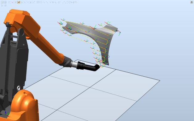 Figur 4. Exempel på en automatiskt genererad bana som körts i RobotStudio. Utveckling av ett alternativt och mer generellt tillvägagångssätt för generering av banor pågår.
