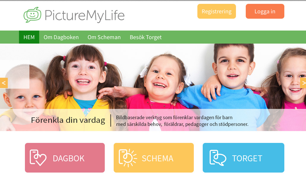 Så startar du en ny på PictureMyLife! http://picturemylife.se 1. Börja med att gå in på PictureMyLifes startsida. http://picturemylife.se Klicka på den gula knappen Registrering. 2.