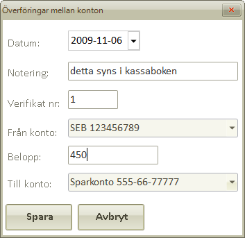 Överföring mellan konton Om du vill föra pengar mellan huvudmannens konton klickar du på Överföringar.