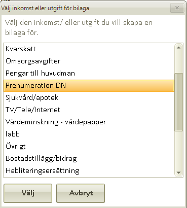 Ange bilaganummer för inkomster och utgifter Välj huvudman, kontrollera att du är på rätt år och klicka på Bilagor. Klicka på knappen Ny.