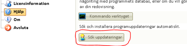 Uppdateringar av programmet Från version 2010.1 finns en funktion som kontrollerar om det finns uppdateringar tillgängliga. Klicka på Hjälp i huvudfönstret och sedan på knappen Sök uppdateringar.