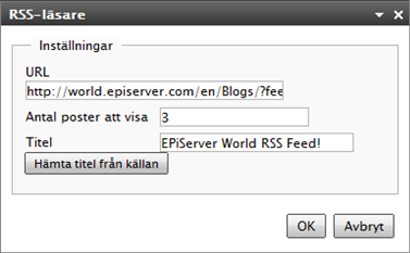 18 Handbok för EPiServer OnlineCenter 6 R2 Rev A Gadgeten RSS Läsare Gadgeten RSS Läsare är ett bra exempel på hur du kan använda gadgetar för att visa en RSS-källa på en dashboard.