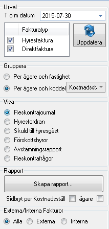URVAL/FILTER I RESKONTRARAPPORTERNA I steg ett ska du, precis som i alla andra processer/rapporter, ur ett standardurval välja ägare, fastigheter eller värdenycklar vars objekt ska ingå i rapporten.