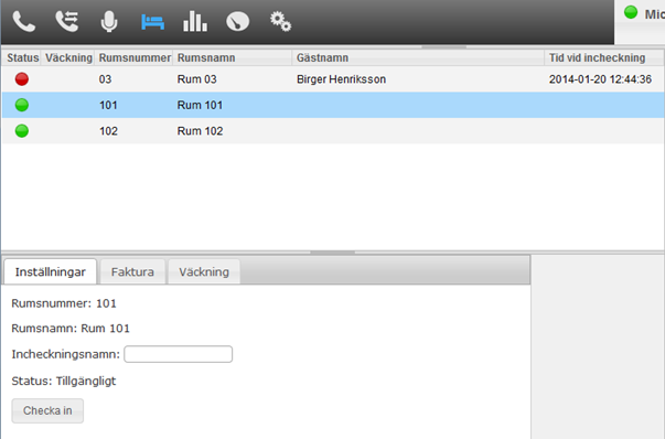 Statusikonen kan ha följande värden: Upptaget Ledigt 2.5.1 In- och utcheckning För att checka in en gäst i hotellet, välj ett ledigt rum i listan av rum.