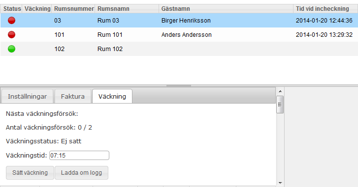 2.5.3 Väckning En väckningstid för ett visst rum kan sättas på följande sätt: Välj det rum du vill sätta en väckningstid för i listan av rum.