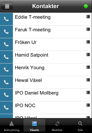 7.6.2 Växeln Växelfliken visar växelns kontaktbok. 7.6.3 Mobilen Mobilen-fliken innehåller de anknytningar som finns i mobilens kontaktbok. 7.6.4 Sök Från Sökfliken kan man söka efter kontakter ifrån alla kontaktböcker.