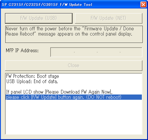 4. Klicka på [F/W Update (USB)]. Om du använder en dator som kör Mac OS X, visas följande bekräftelse. Klicka på [OK]. 5. Vänta tills "Please Download FW Again Now!" visas på kontrollpanelens display.