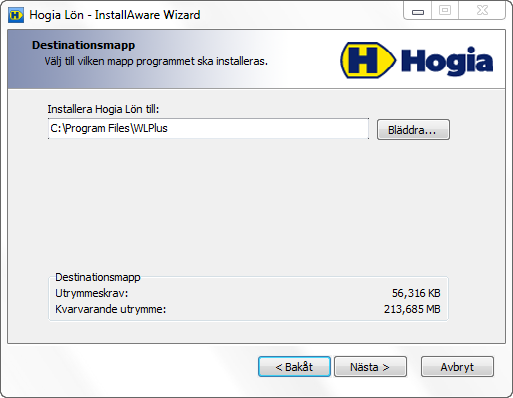 6. Förslag på målkatalog för installationen är C:\Program\WLPlus eller C:\Program Files\WLPlus beroende på vilket operativsystem du har.