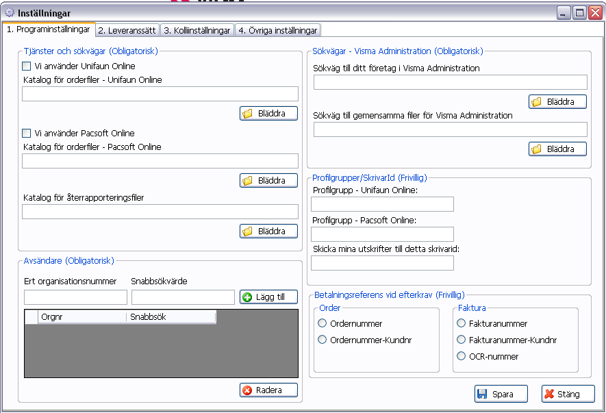 6 Programinställningar flik 1. Tjänster och sökvägar (obligatoriskt). Bocka för om du använder Unifaun Online. Ange sökvägen till Unifaun Orderkopplings importkatalog för Unifaun Online-filer.