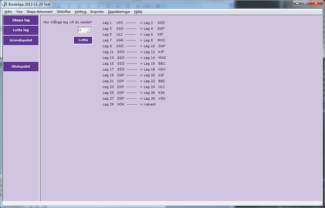 5.1.6 Lotta Klicka på OK när slutspelet är konfigurerat. 5.2 Lottning av Monrad 1. Välj hur många lag som skall seedas 2. Klicka på Lotta 3. Välj hur många omgångar som skall spelas.