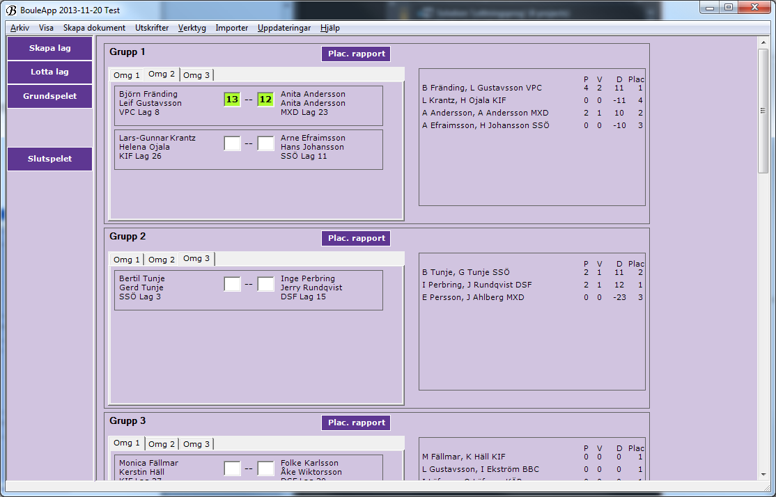 8.4 Gruppspel Genom klicka på Grundspelet får man fram Gruppspelets alla grupper. 8.4.1 Inmatning av matchresultat Klicka i ett av inmatningsfälten och skriv in lagets resultat.