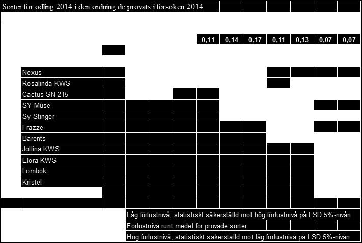 Tabell 10. Sockerförlust per dygn i svenska försök utförda åren 2007 2013. Sorter aktuella inför 2014.