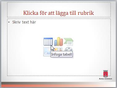 Tabeller - Skapa tabell Tabeller Skapa tabell Många layouter innehåller platshållare där du kan lägga till tabeller. Klicka på knappen Infoga tabell och bestäm antal rader och kolumner.