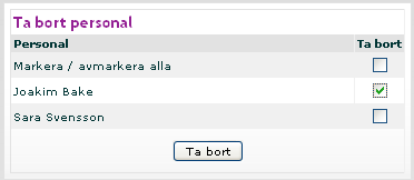 Personal som inte kommer att börja jobba igen bör tas bort helt: 1. Gå till Personal i menyn UNDERHÅLL 2. Gör en sökning på all inaktiv personal genom att markera Inaktiva och klicka på Sök. 3.