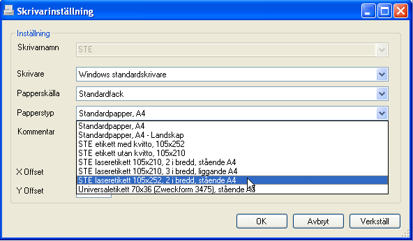 6 av 9 Exempel 1: Zebraskrivare med papperstyp STE etikett med kvitto 105x252 Exempel