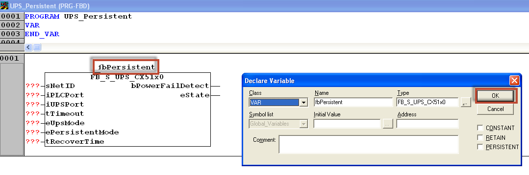I programexemplet är Main programmet skapat i Strukturerad Text och programdelen med Persistent data funktionsblock är skapat i Funktions Blocks Diagram editorn.