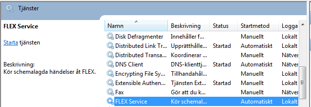 När uppdateringen är klar, kontrollera att FLEX Service tjänsten är startad och starta den manuellt vid behov.