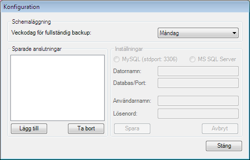 1. Komma igång 1.1. Konfigurera Lockbee Backup Databas 2009 Välj Verktyg och klicka på Databasinställningar, så får du fram följande dialog: 1.1.1. Välja dag för fullständig backup