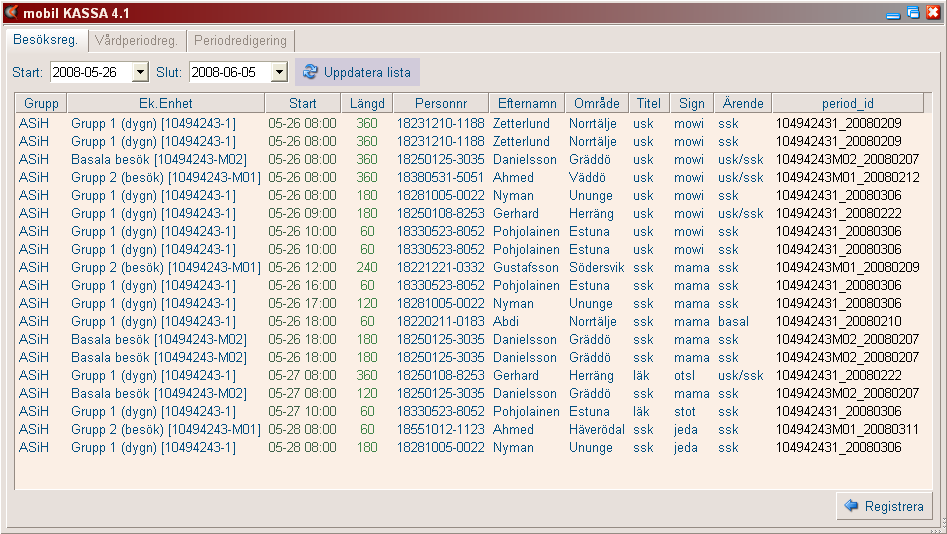 Registrering av besök Besöken måste registreras efter att perioder registrerats eftersom GVR kopplar besöken till den period de